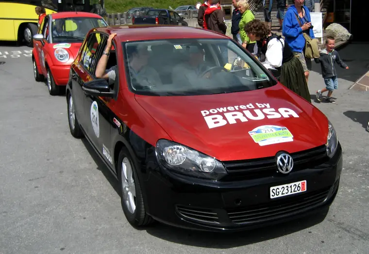 Electric VW Golf with BRUSA branding at the Silvretta e-car rally